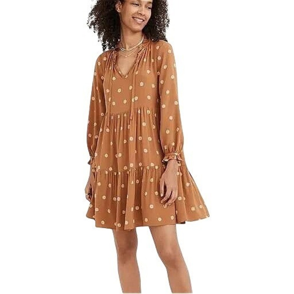 Madewell Tiered Mini Dress Rust Brown Floral Block Print Ruffle V-Neck Small
